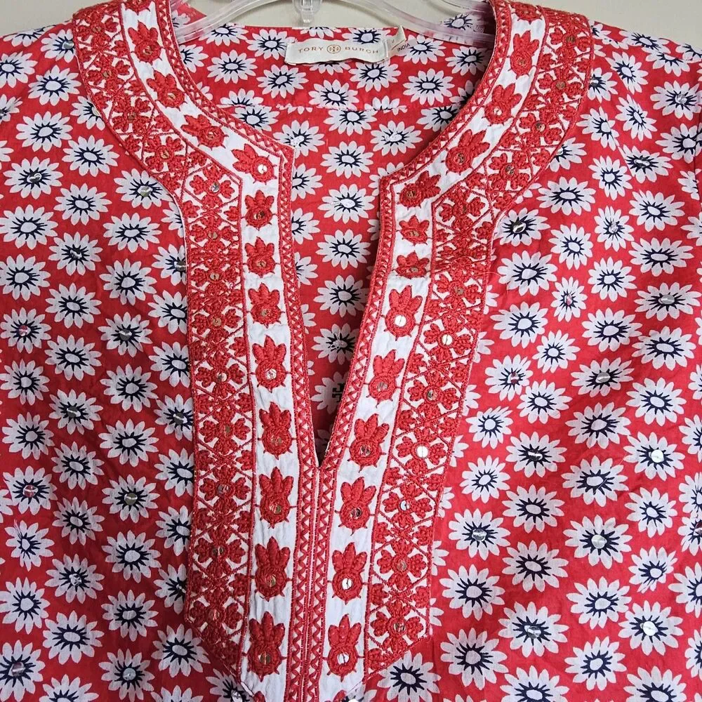 Tory Burch Jayne Nantucket Red Daisy Floral Embroidered Cotton Tunic Womens Sz 2